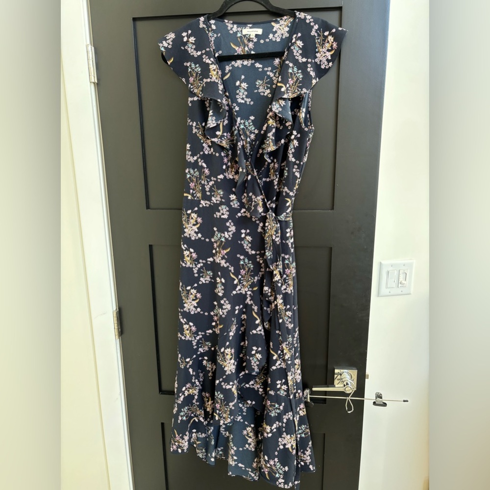 Max Studio Navy Floral Wrap Dress with Tie around Waist